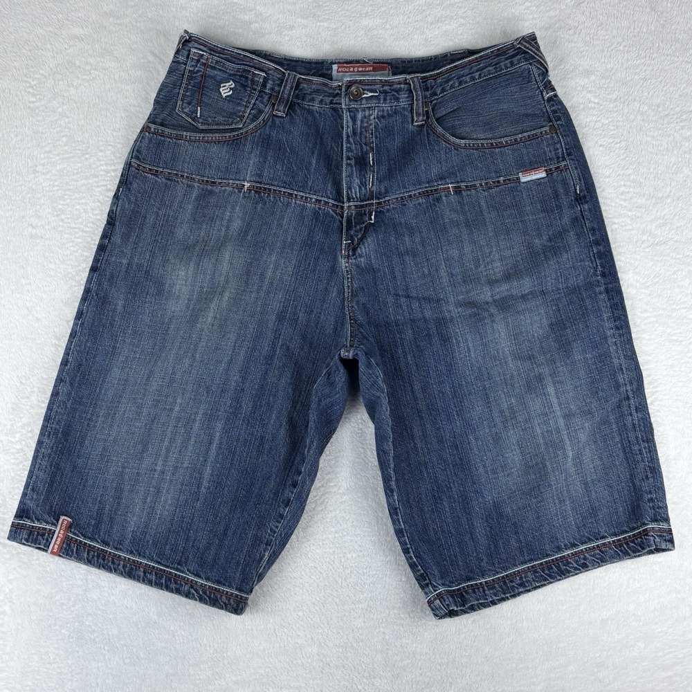 Vintage Rocawear Jorts Mens 38 Blue Baggy Shorts Hip Hop Skater Cyber Y2K